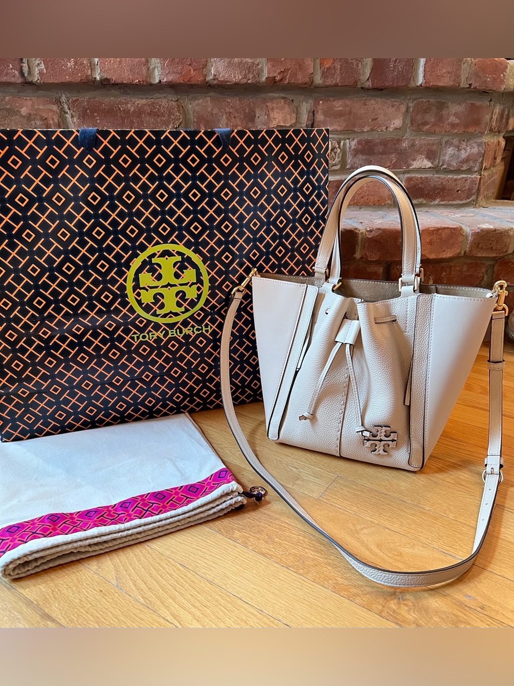 Tory Burch Ivory Brie Leather McGraw Dragonfly Drawstring Satchel Crossbody